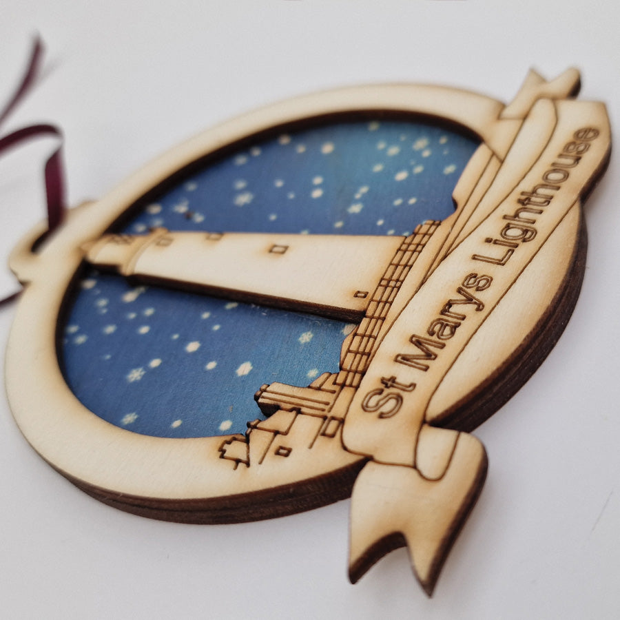 st marys lighthouse whitley bay wooden christmas tree bauble decoration