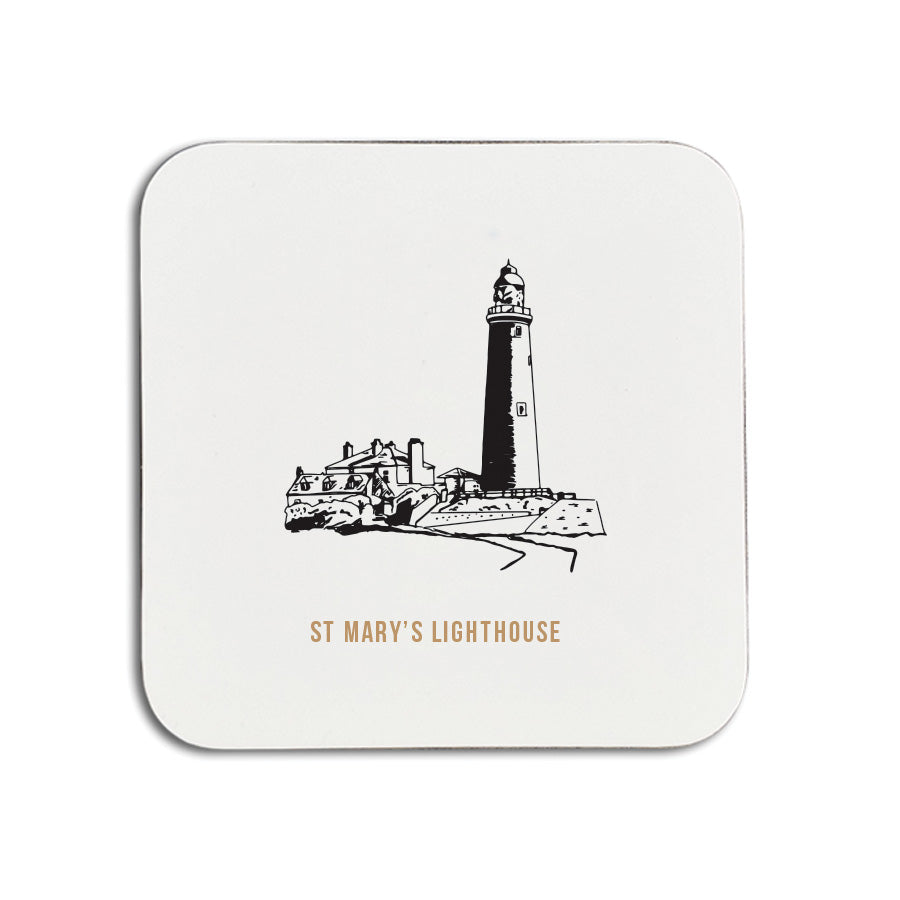 Unique Geordie Gifts Coaster, designed & made in Newcastle.  Hand drawn illustration of St Mary's Lighthouse in Whitley Bay. Part of our North East landmarks range.