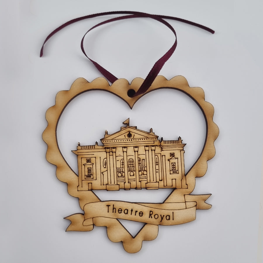 Unique High Quality Lazer Cut Geordie Christmas Tree Decoration Baubles  Bauble displays: Etched illustration of the Theatre Royal in Newcastle, on Grey Street.