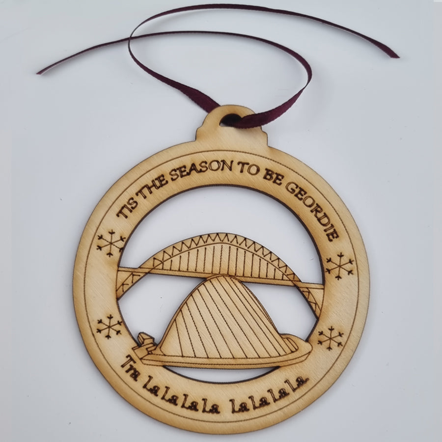 Unique High Quality Lazer Cut Geordie Christmas Tree Decoration Baubles  Bauble displays: Tis the season to be Geordie Tra la la la la, la la la la. Newcastle card and gift shop inside the grainger market