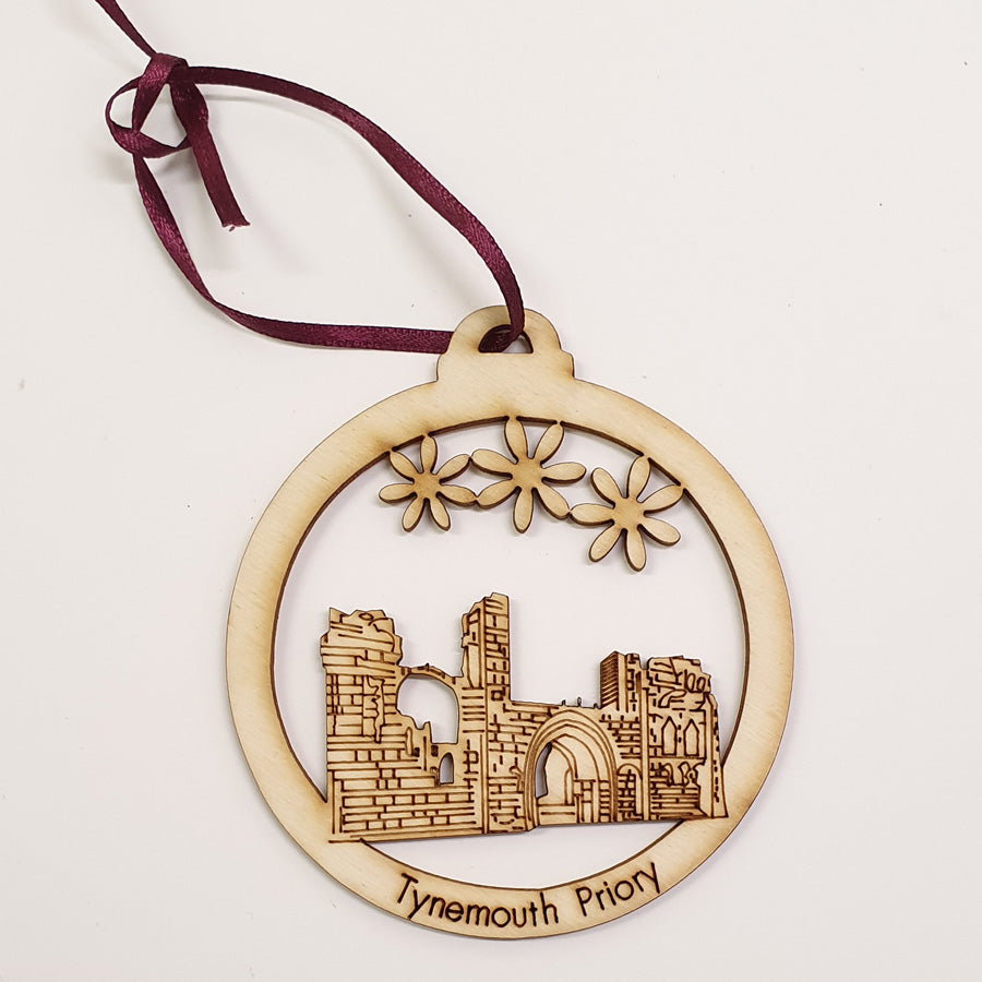 tynemouth priory geordie christmas tree wooden decoration bauble made by geordie gifts