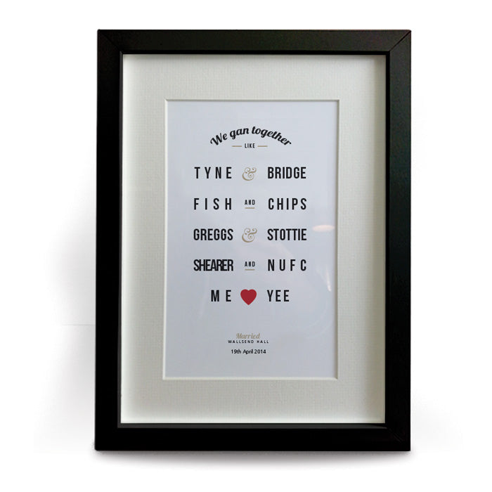 personalised geordie gifts framed print. Newcastle wedding gifts unique 