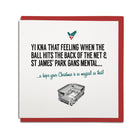 geordie accent & newcastle united football club themed christmas card which reads Yi kna that feeling when the ball hits the back of the net & St James' Park gans mentall... A hope your christmas is as magical as that!